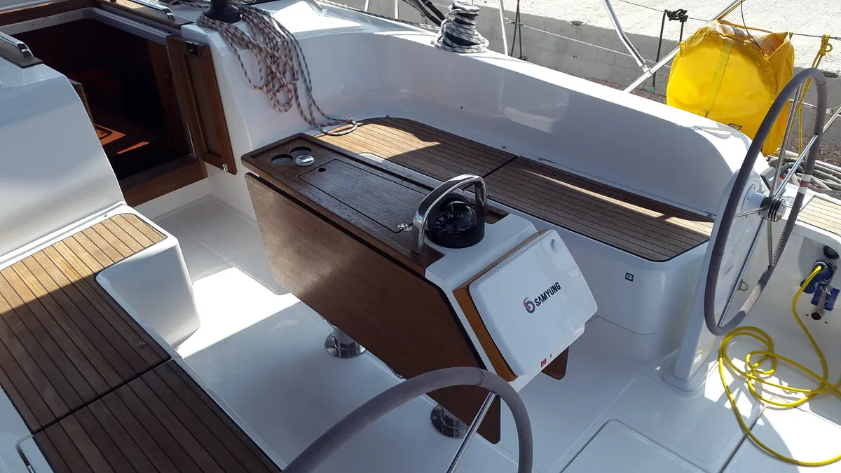 Cockpit of Okyalos, a Bavaria Cruiser 46 sailboat at Lavreotiki Municipal Unit, Greece