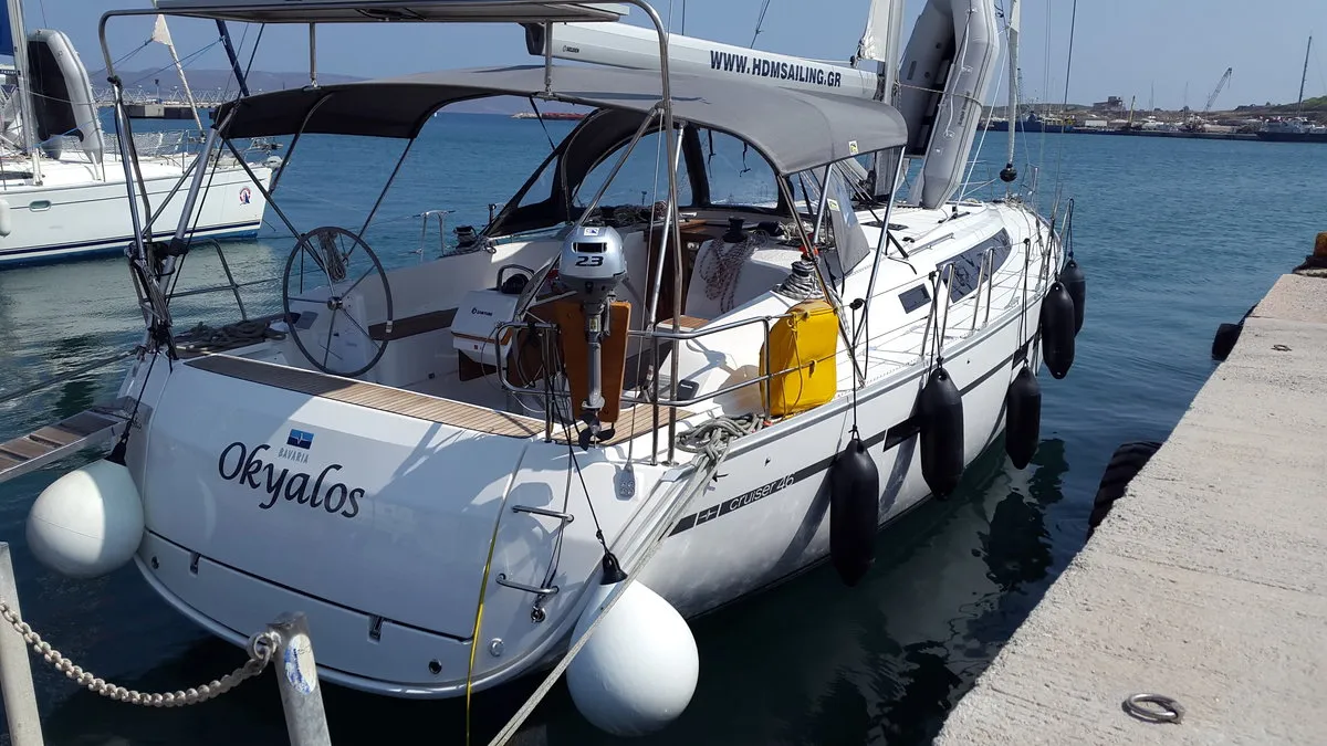 Exterior view of Okyalos, a Bavaria Cruiser 46 sailboat at Lavreotiki Municipal Unit, Greece