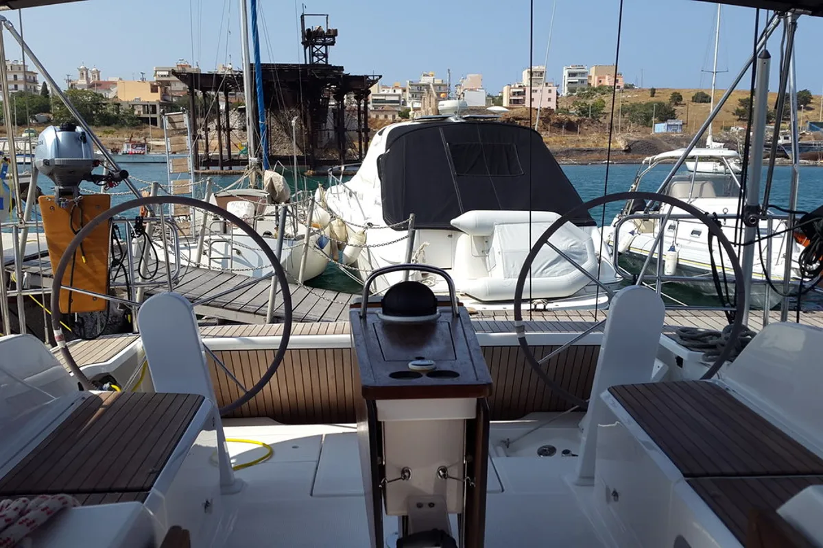 Cockpit of Okyalos, a Bavaria Cruiser 46 sailboat at Lavreotiki Municipal Unit, Greece