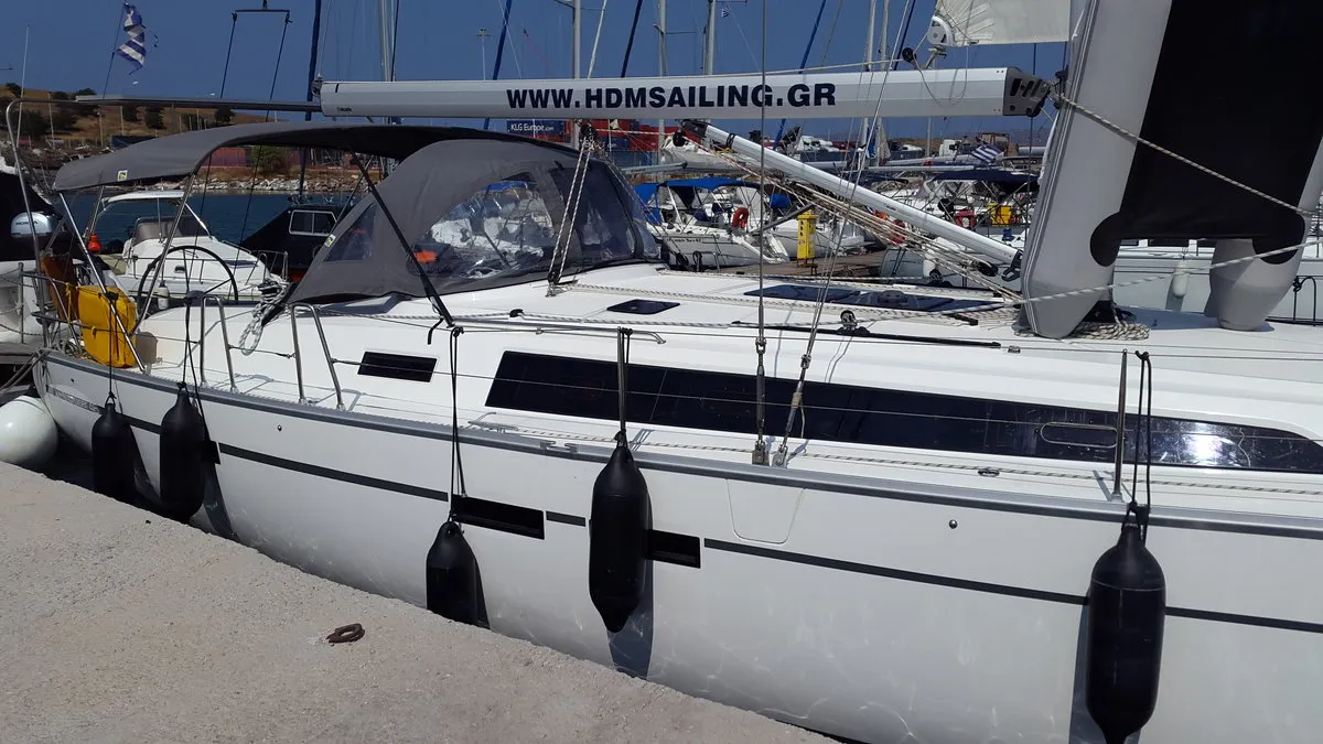 Exterior view of Okyalos, a Bavaria Cruiser 46 sailboat at Lavreotiki Municipal Unit, Greece