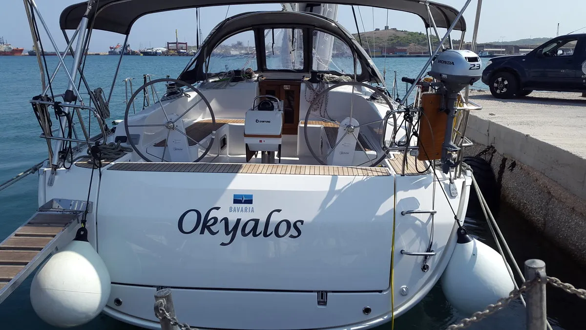 Exterior view of Okyalos, a Bavaria Cruiser 46 sailboat at Lavreotiki Municipal Unit, Greece