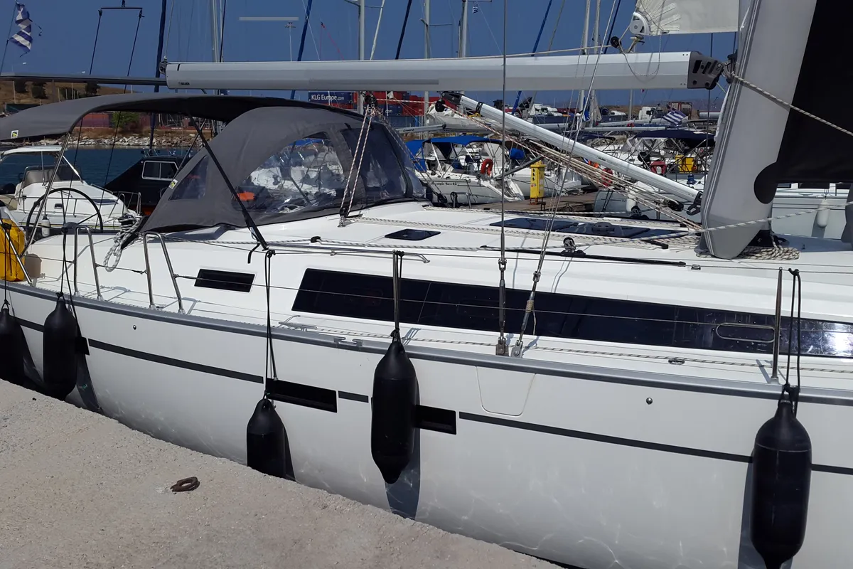 Exterior view of Okyalos, a Bavaria Cruiser 46 sailboat at Lavreotiki Municipal Unit, Greece