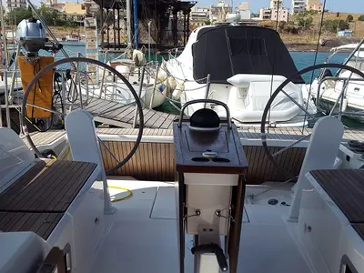 Cockpit of Okyalos, a Bavaria Cruiser 46 sailboat at Lavreotiki Municipal Unit, Greece