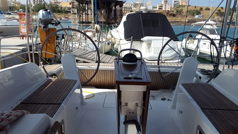 Cockpit of Okyalos, a Bavaria Cruiser 46 sailboat at Lavreotiki Municipal Unit, Greece