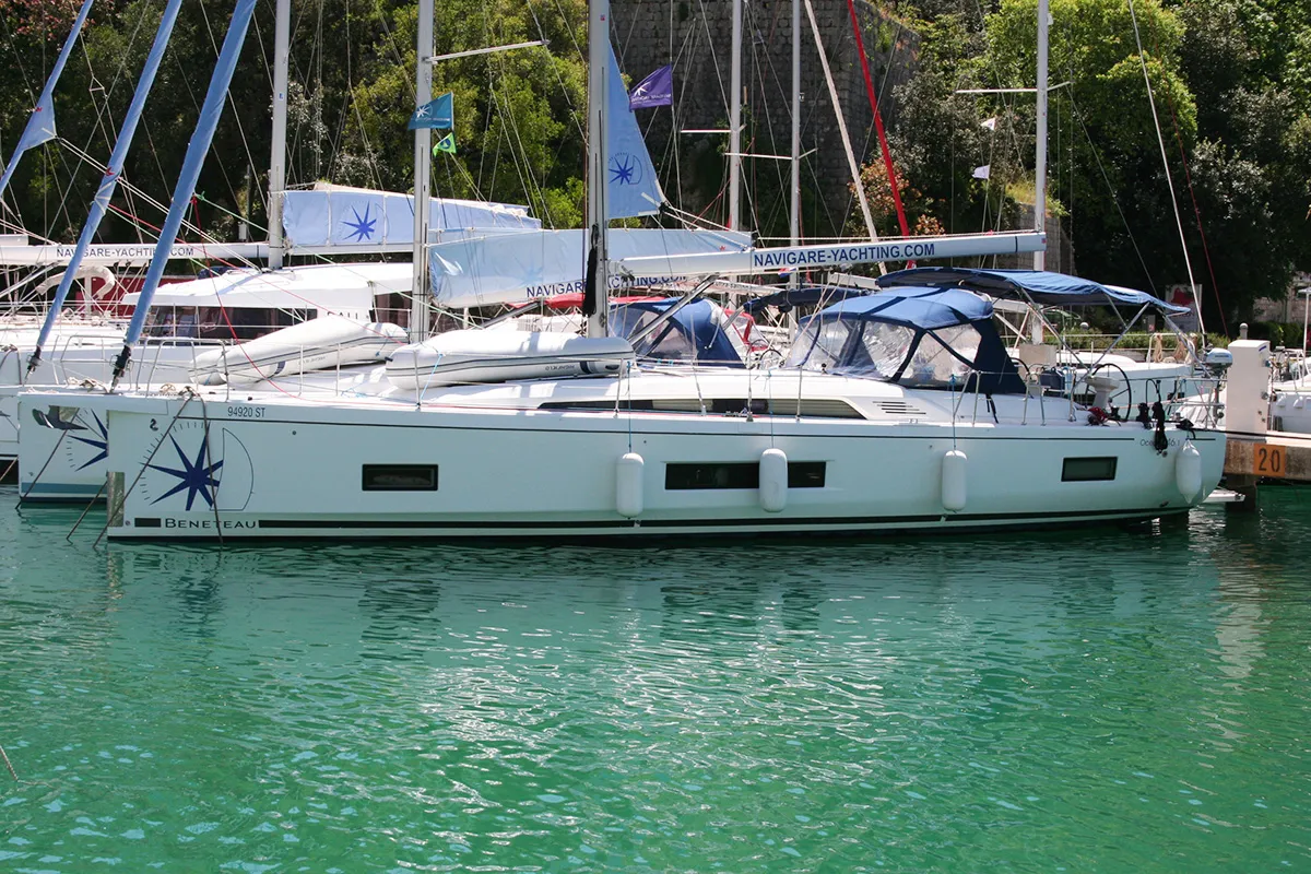 Exterior view of Röde Orm, a Beneteau Oceanis 46.1 sailboat at Dubrovnik, Croatia