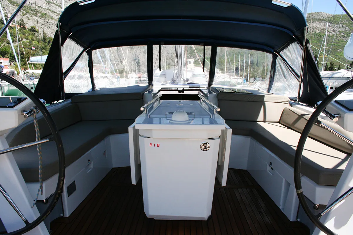 Cockpit of Röde Orm, a Beneteau Oceanis 46.1 sailboat at Dubrovnik, Croatia