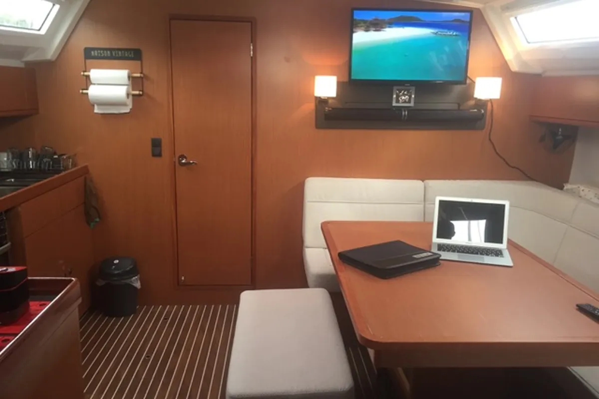Salon of Bavaria Cruiser 46, a sailboat at Skiathos, Greece