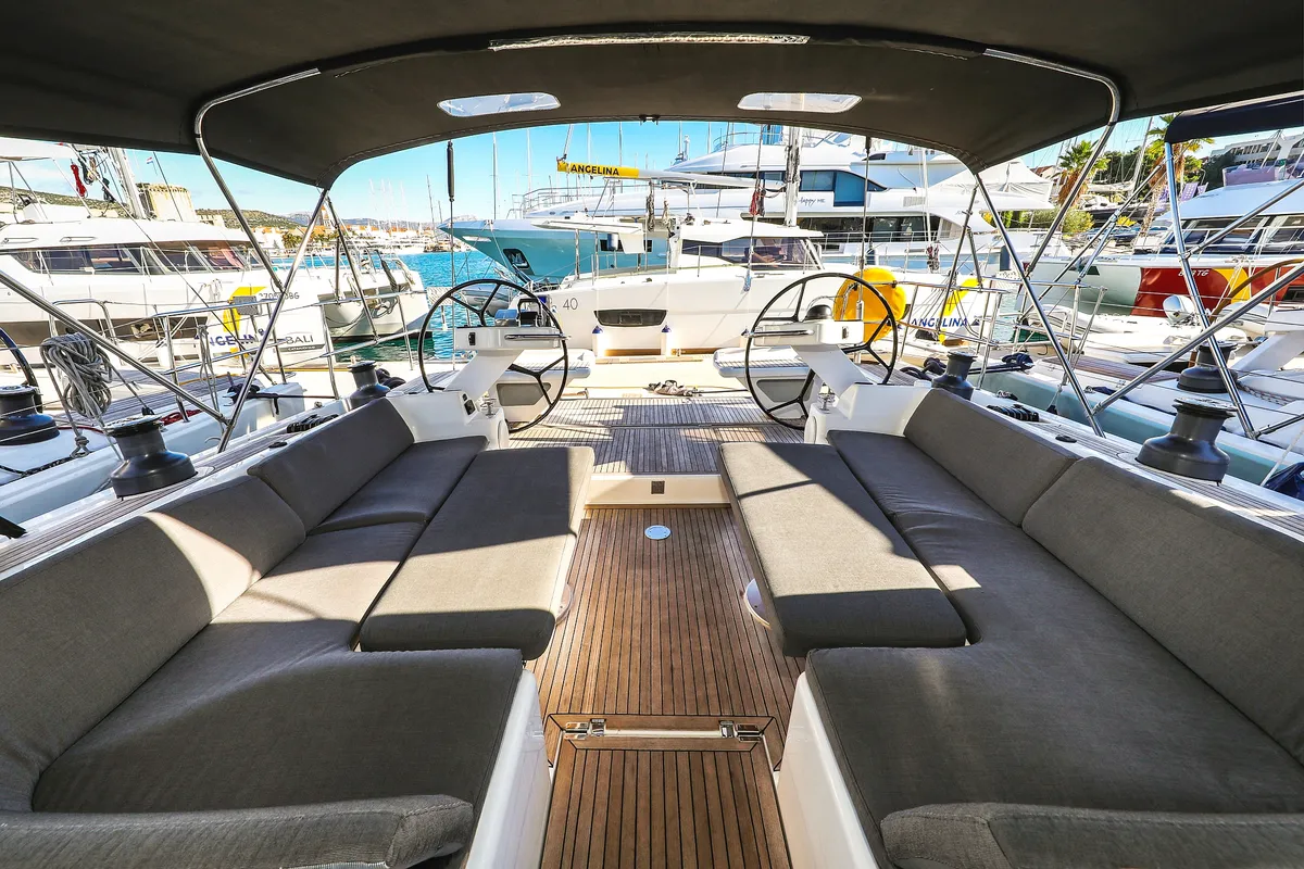 Cockpit of Vidar, a Hanse 575 - 3 + 1 cab. sailboat at Trogir, Croatia