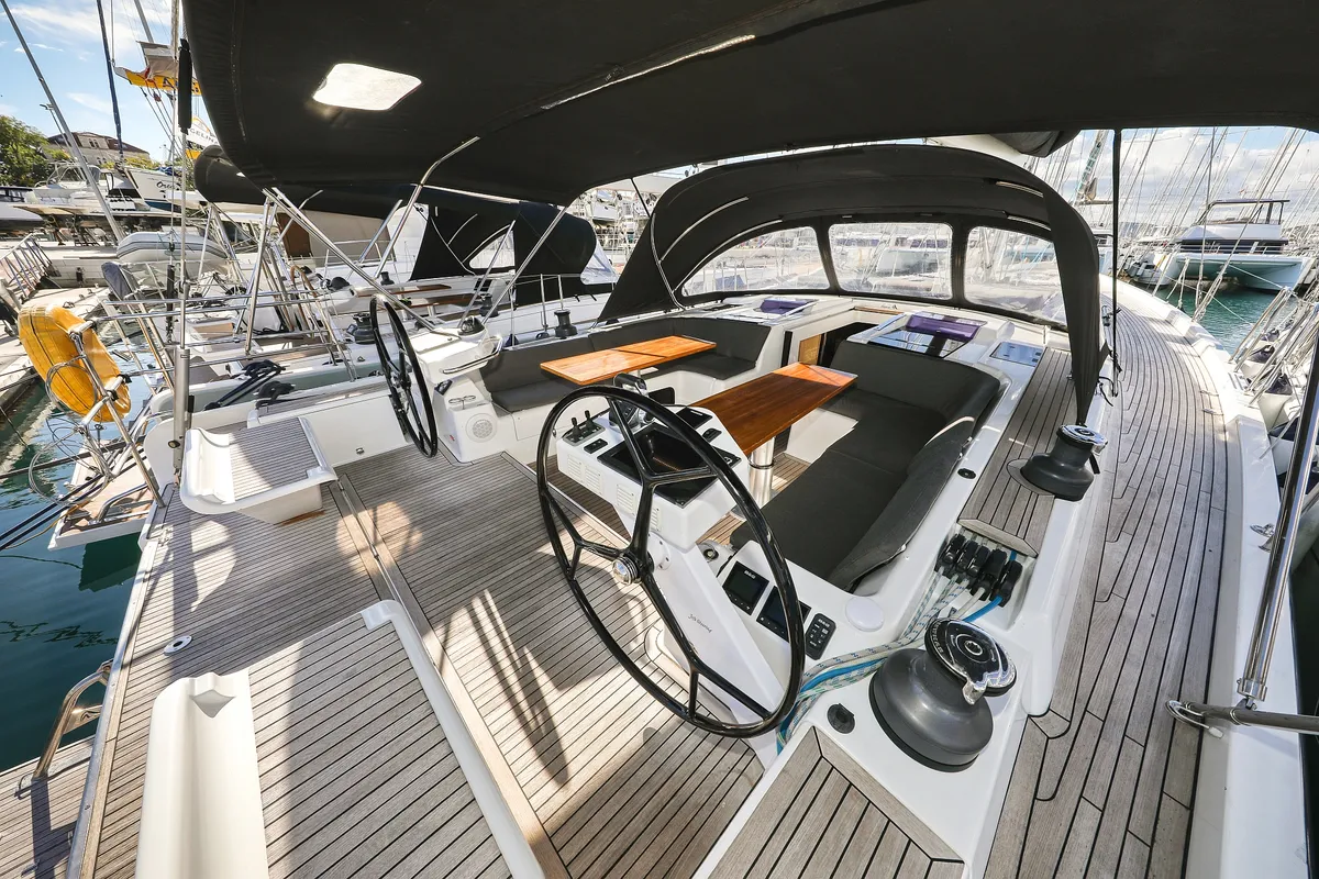 Cockpit of Vidar, a Hanse 575 - 3 + 1 cab. sailboat at Trogir, Croatia