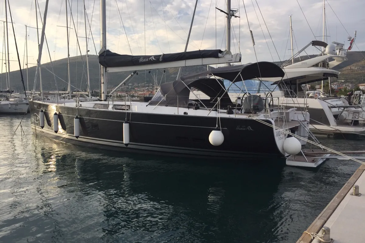 Exterior view of Vidar, a Hanse 575 - 3 + 1 cab. sailboat at Trogir, Croatia