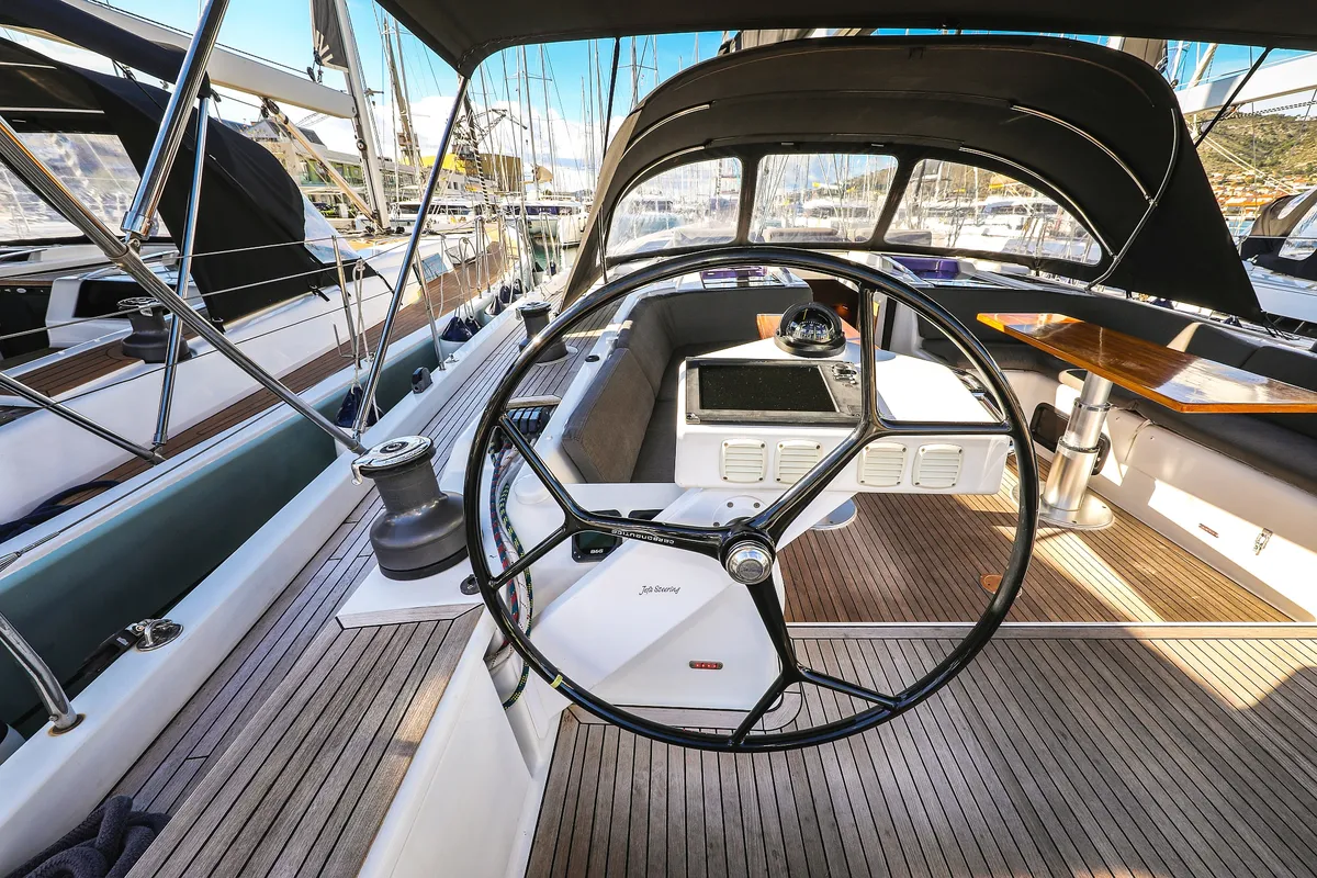 Cockpit of Vidar, a Hanse 575 - 3 + 1 cab. sailboat at Trogir, Croatia