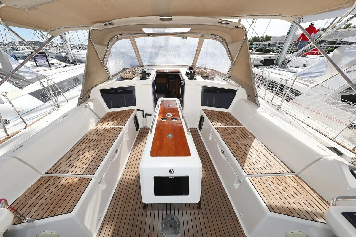 Cockpit of Good Friends, a Dufour 430 GL sailboat at Grad Trogir, Croatia