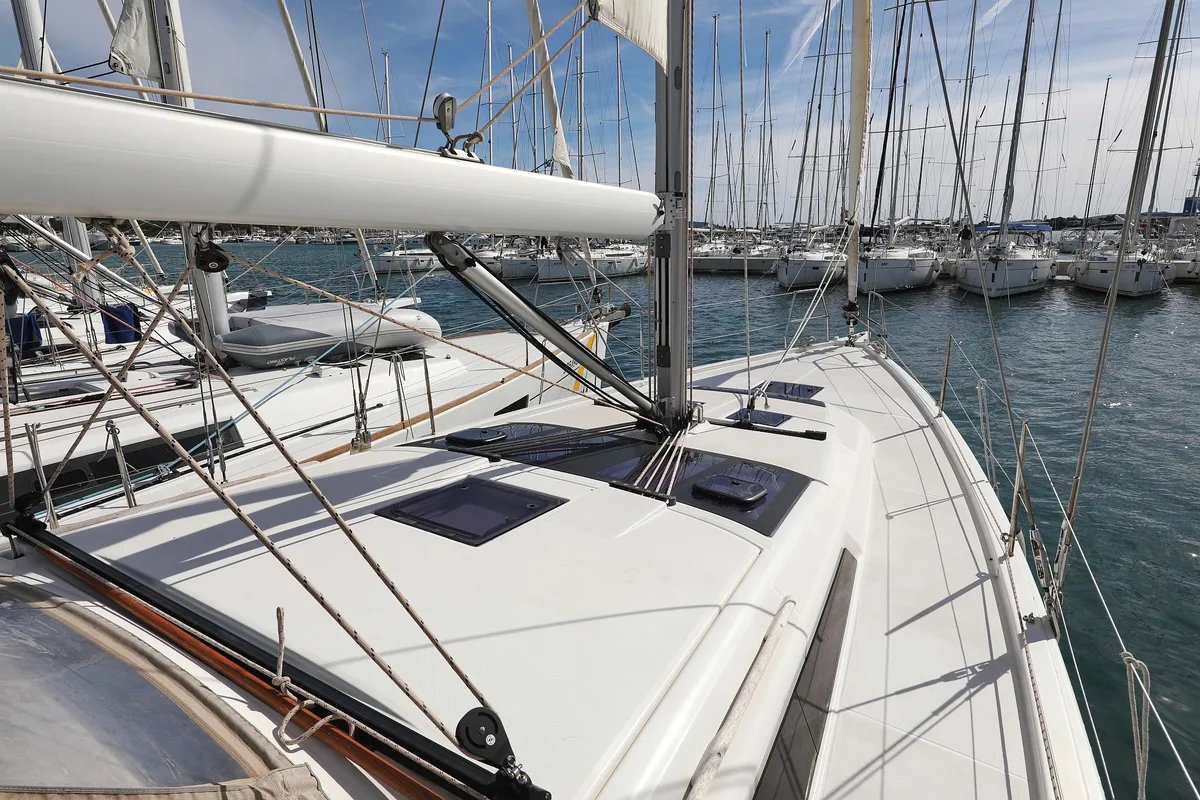 Deck of Good Friends, a Dufour 430 GL sailboat at Grad Trogir, Croatia