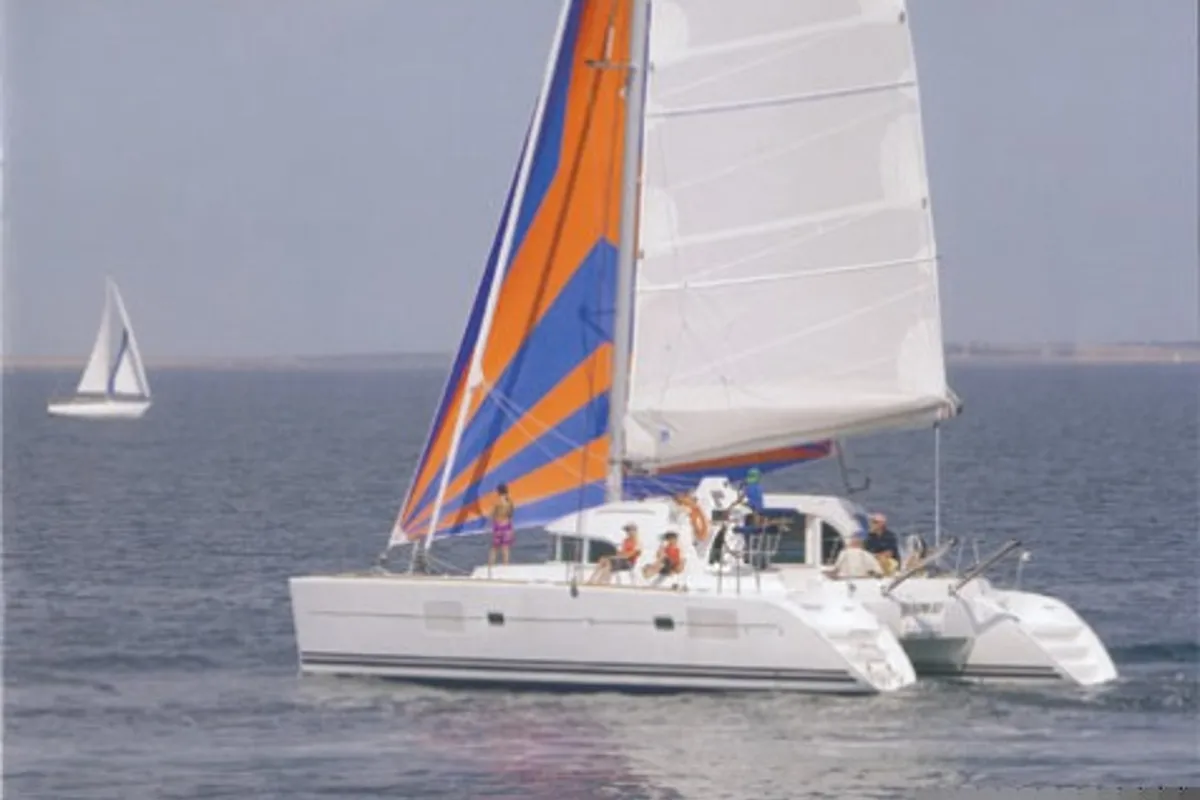 Exterior view of Sunrise, a Lagoon 380 S2 catamaran at Municipal Unit of Lefkada, Greece