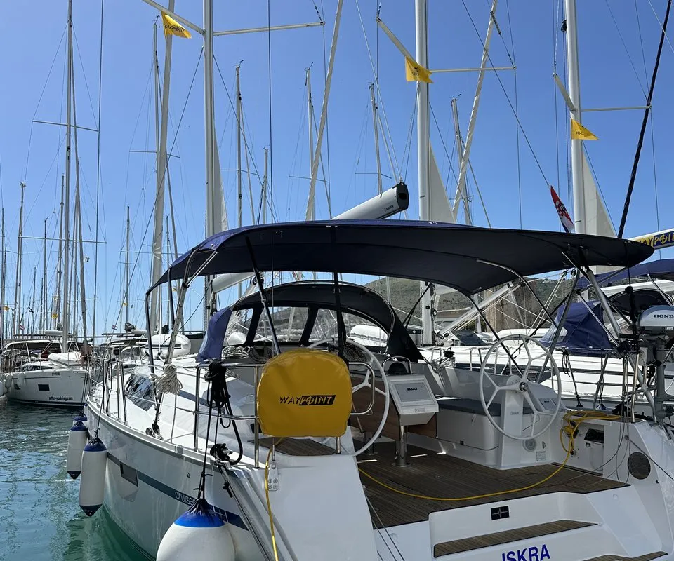 Exterior view of Iskra, a Bavaria Cruiser 46 sailboat at Split, Croatia