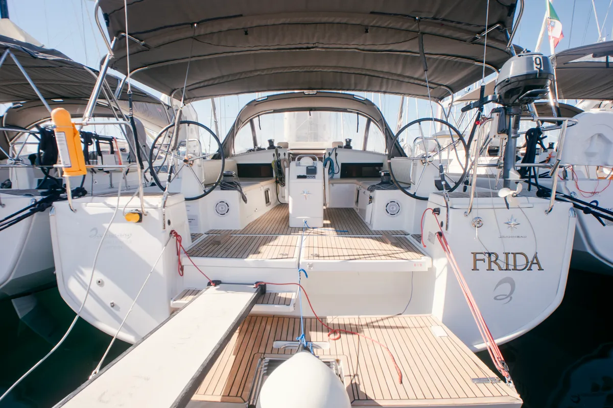 Exterior view of Frida, a Jeanneau Sun Odyssey 490 sailboat at Olbia, Italy