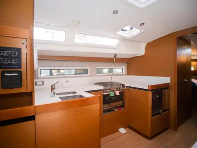 Galley of Frida, a Jeanneau Sun Odyssey 490 sailboat at Olbia, Italy