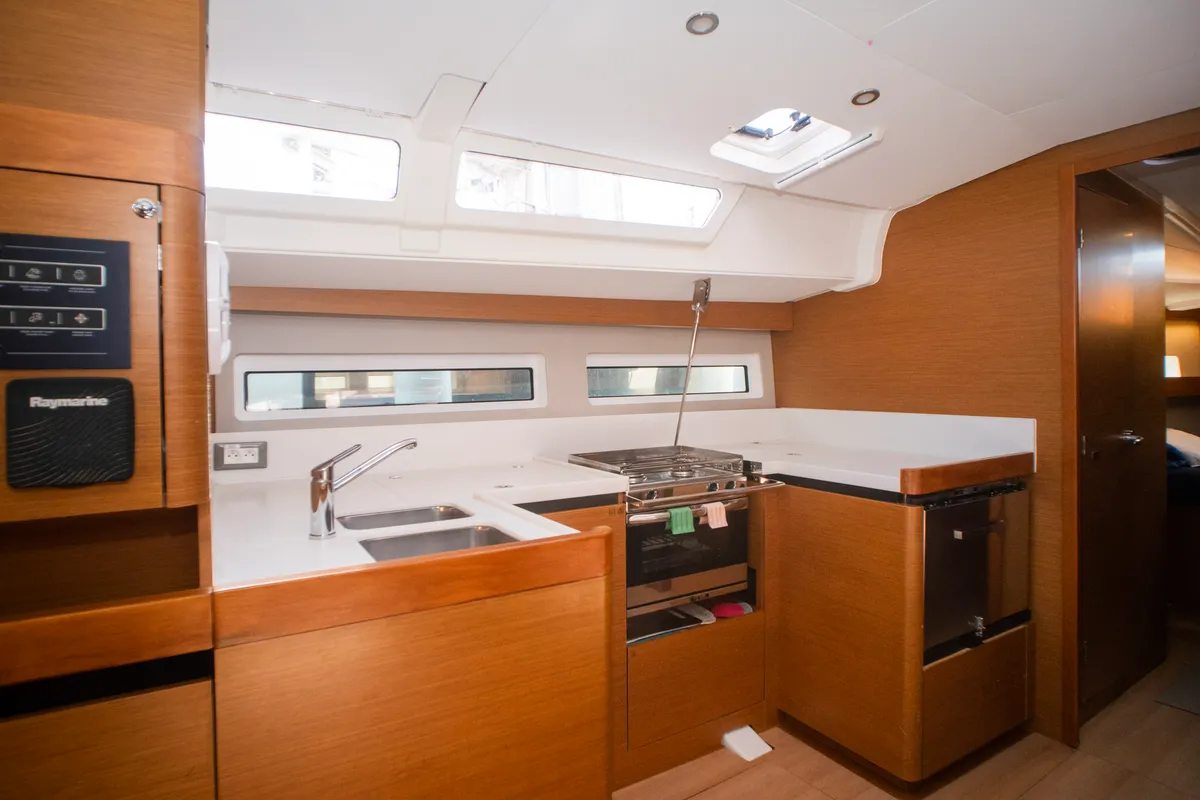 Galley of Frida, a Jeanneau Sun Odyssey 490 sailboat at Olbia, Italy