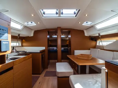Salon of Frida, a Jeanneau Sun Odyssey 490 sailboat at Olbia, Italy
