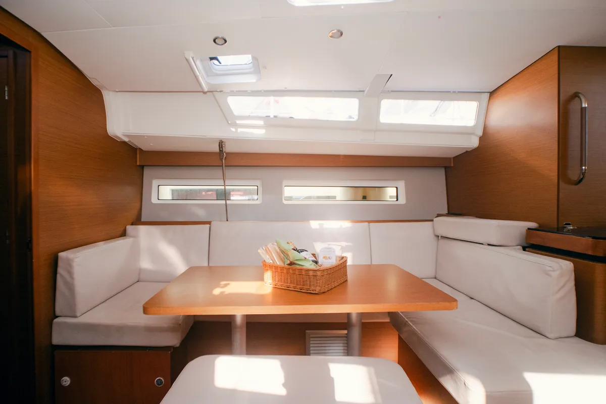 Salon of Frida, a Jeanneau Sun Odyssey 490 sailboat at Olbia, Italy