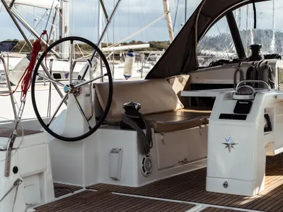 Cockpit of Frida, a Jeanneau Sun Odyssey 490 sailboat at Olbia, Italy