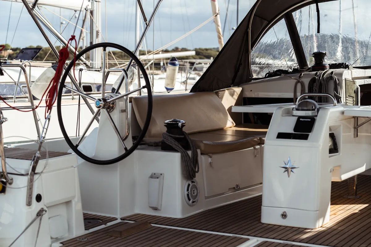 Cockpit of Frida, a Jeanneau Sun Odyssey 490 sailboat at Olbia, Italy