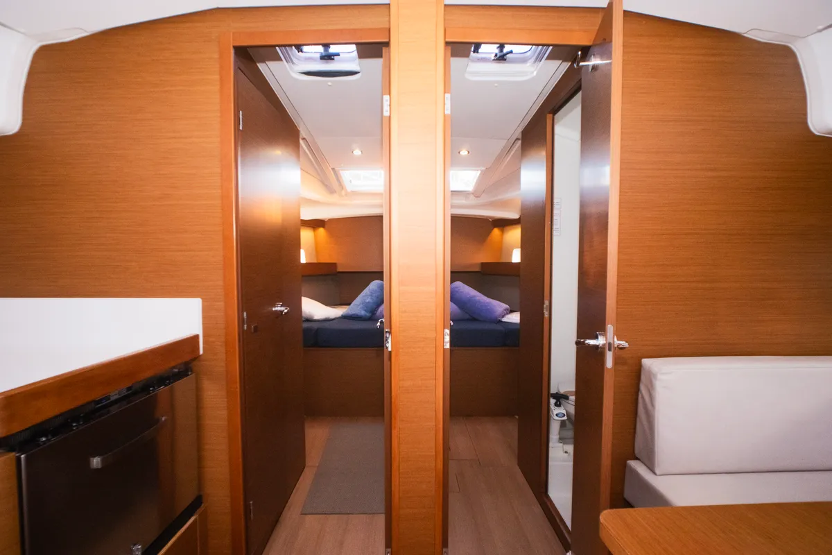 Cabin on Frida, a Jeanneau Sun Odyssey 490 sailboat at Olbia, Italy