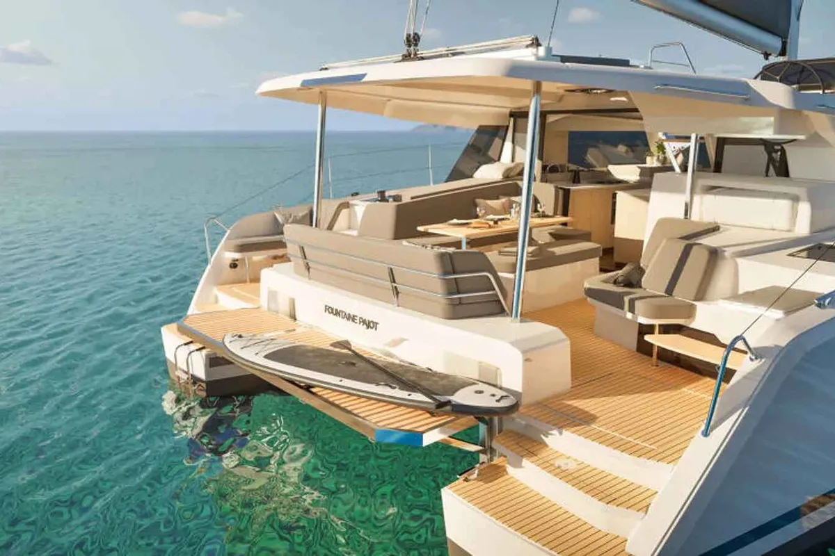 Exterior view of HaLo, a Fountaine Pajot FP 41 catamaran at Municipal Unit of Lefkada, Greece