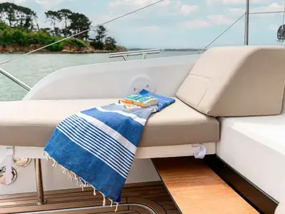 Deck of HaLo, a Fountaine Pajot FP 41 catamaran at Municipal Unit of Lefkada, Greece