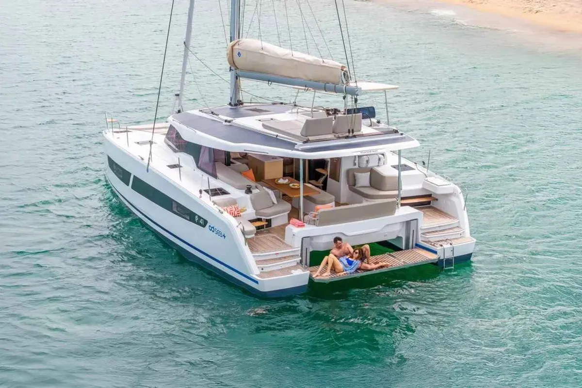 Exterior view of HaLo, a Fountaine Pajot FP 41 catamaran at Municipal Unit of Lefkada, Greece
