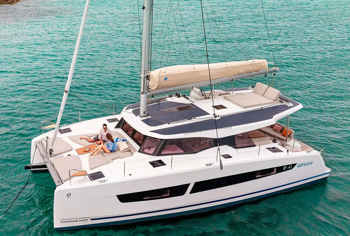 Exterior view of HaLo, a Fountaine Pajot FP 41 catamaran at Municipal Unit of Lefkada, Greece