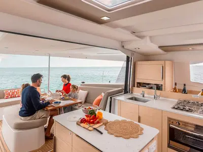 Galley of HaLo, a Fountaine Pajot FP 41 catamaran at Municipal Unit of Lefkada, Greece