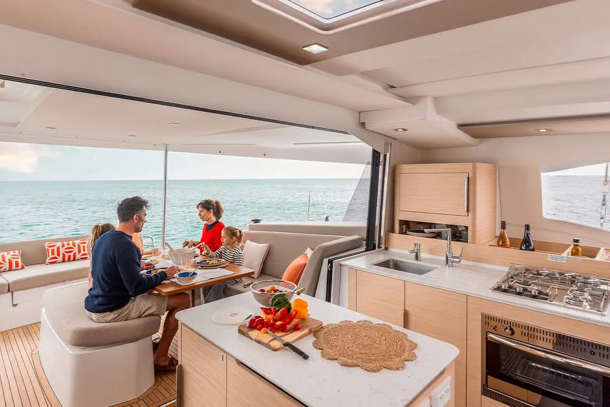 Galley of HaLo, a Fountaine Pajot FP 41 catamaran at Municipal Unit of Lefkada, Greece