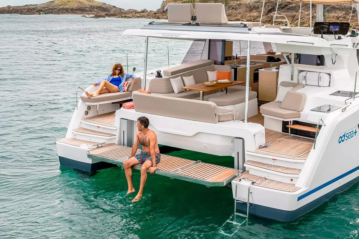 Exterior view of HaLo, a Fountaine Pajot FP 41 catamaran at Municipal Unit of Lefkada, Greece