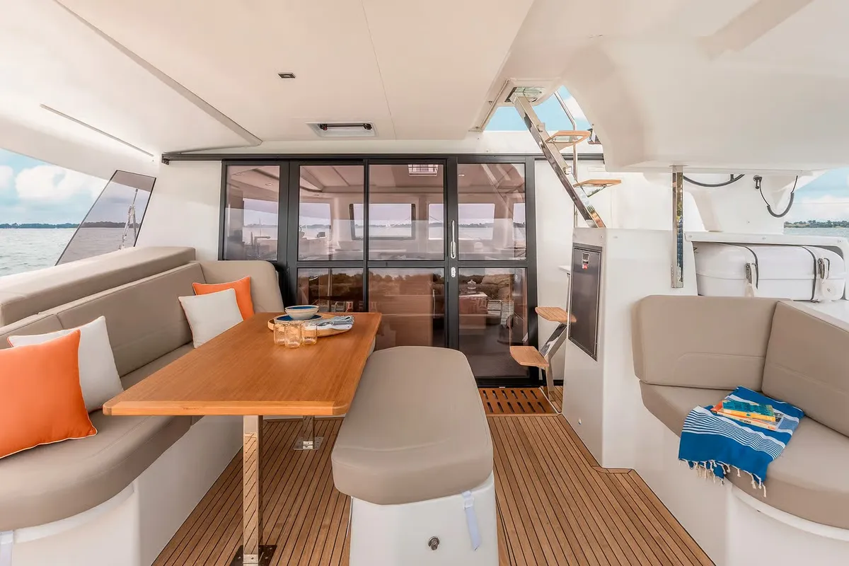 Deck of HaLo, a Fountaine Pajot FP 41 catamaran at Municipal Unit of Lefkada, Greece
