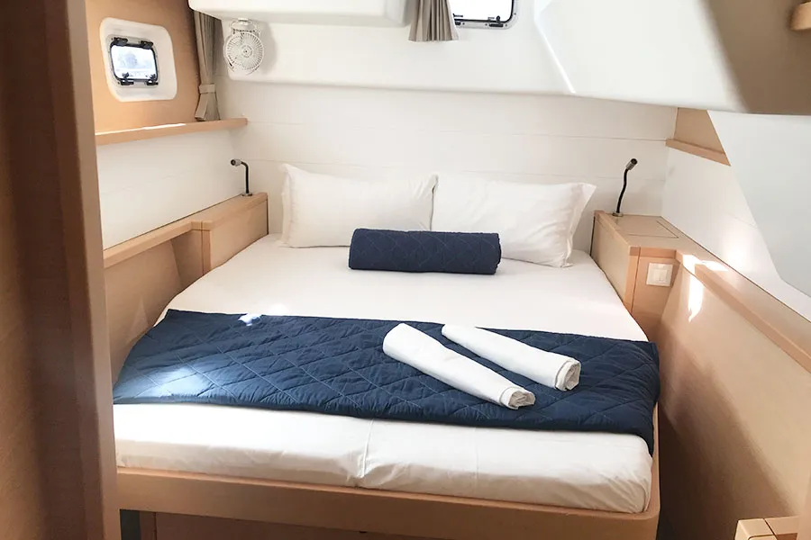 Cabin on Corona Borealis, a Lagoon 450 Fly catamaran at Nettuno, Italy