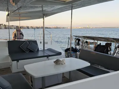 Deck of Corona Borealis, a Lagoon 450 Fly catamaran at Nettuno, Italy