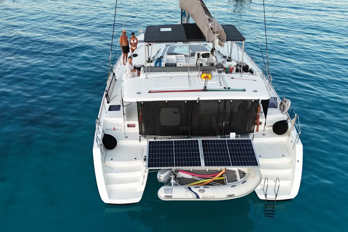 Exterior view of Corona Borealis, a Lagoon 450 Fly catamaran at Nettuno, Italy