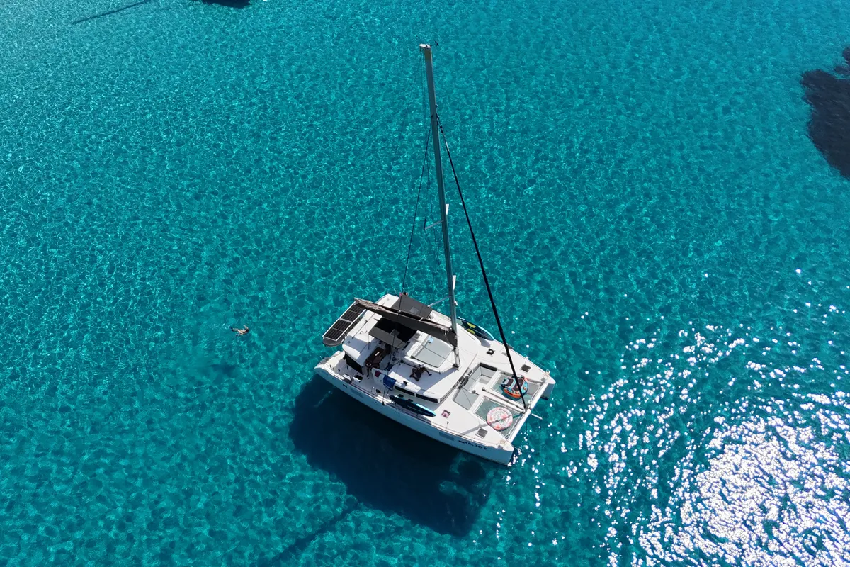 Exterior view of Corona Borealis, a Lagoon 450 Fly catamaran at Nettuno, Italy