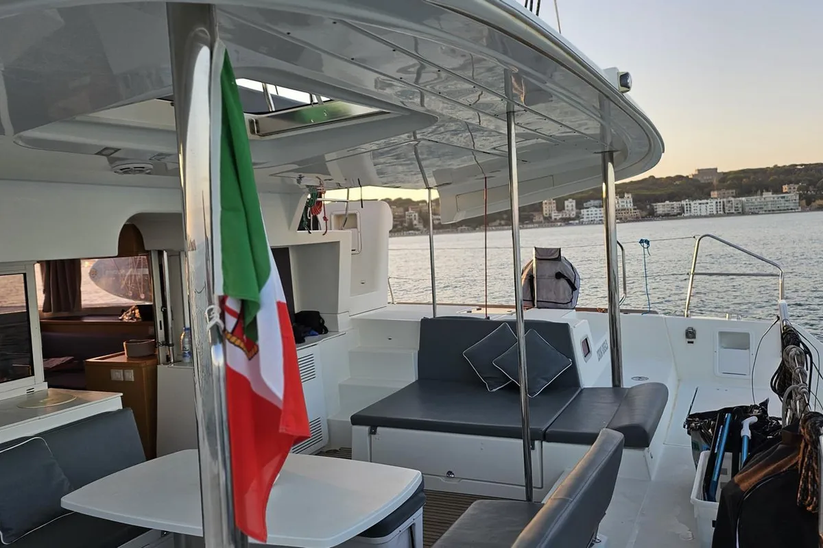 Deck of Corona Borealis, a Lagoon 450 Fly catamaran at Nettuno, Italy
