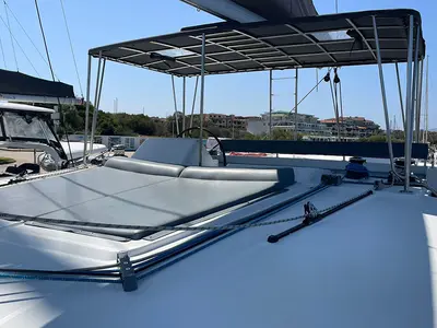 Cockpit of Corona Borealis, a Lagoon 450 Fly catamaran at Nettuno, Italy