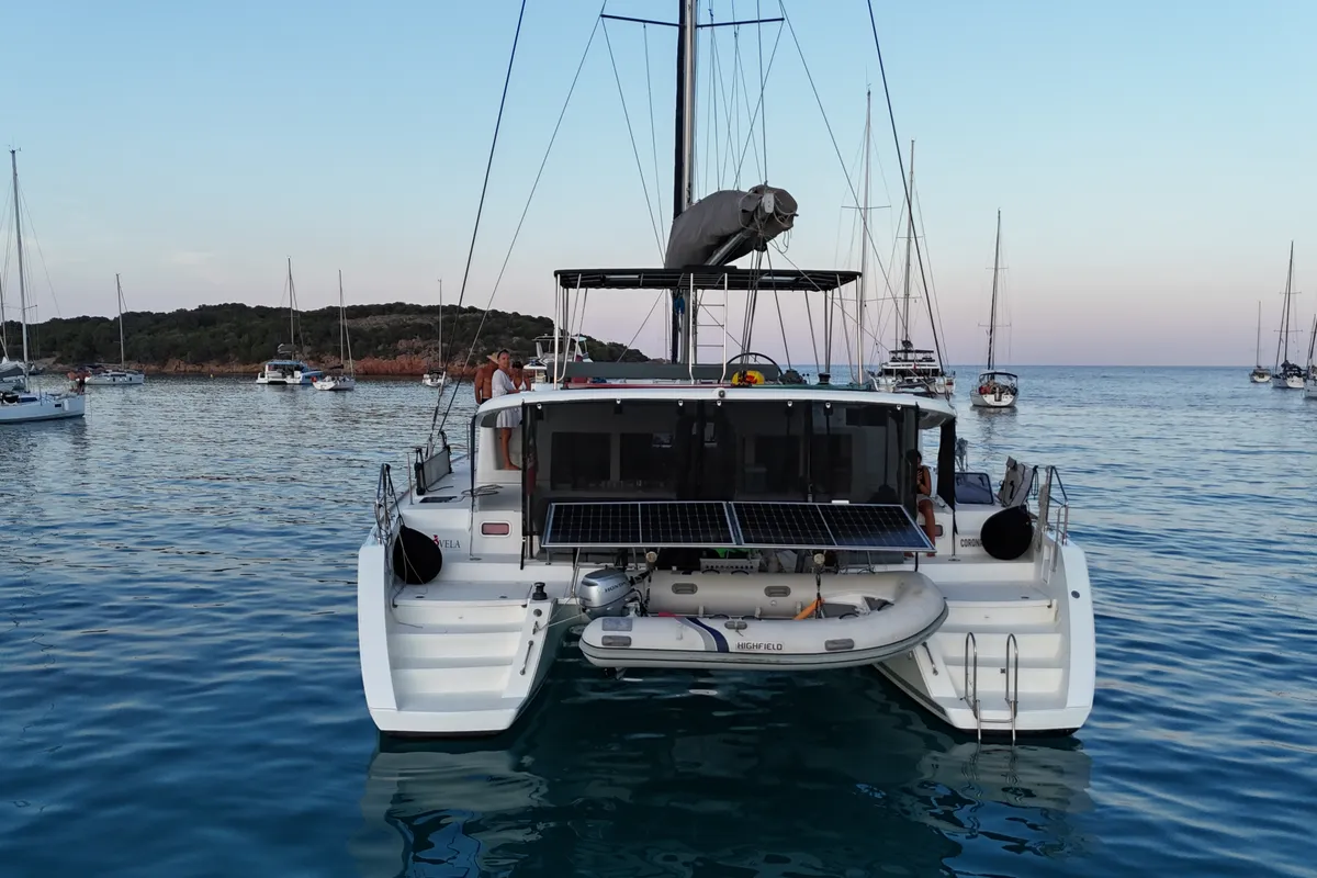 Exterior view of Corona Borealis, a Lagoon 450 Fly catamaran at Nettuno, Italy