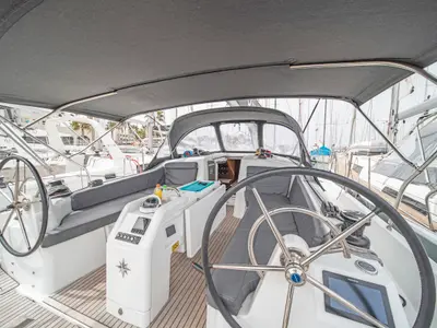 Cockpit of Henry Every, a Jeanneau Sun Odyssey 410 sailboat at Municipal Unit of Rhodes, Greece