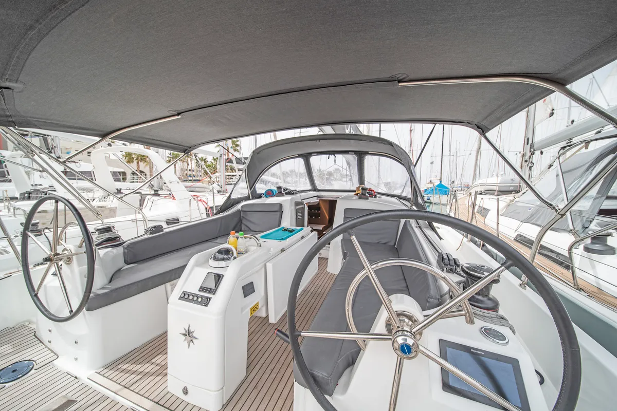 Cockpit of Henry Every, a Jeanneau Sun Odyssey 410 sailboat at Municipal Unit of Rhodes, Greece