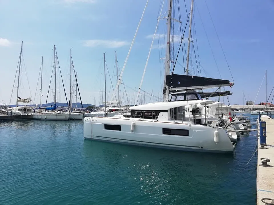 Exterior view of Lubina, a Lagoon 40 catamaran at Općina Marina, Croatia