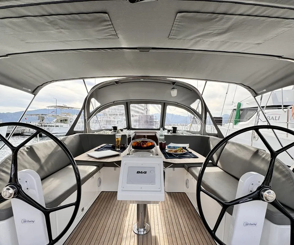 Cockpit of Sorores, a Bavaria C42 sailboat at Marmaris, Turkey