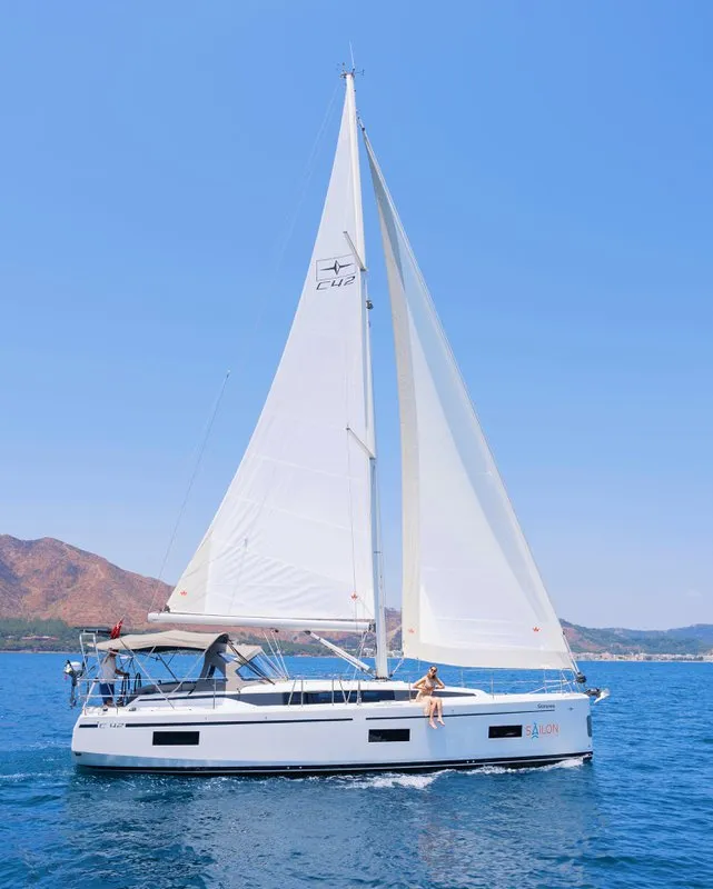 Exterior view of Sorores, a Bavaria C42 sailboat at Marmaris, Turkey