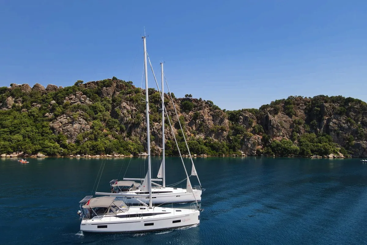 Exterior view of Sorores, a Bavaria C42 sailboat at Marmaris, Turkey