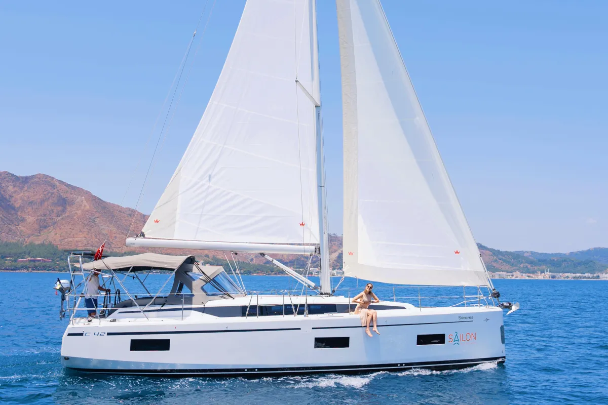 Exterior view of Sorores, a Bavaria C42 sailboat at Marmaris, Turkey