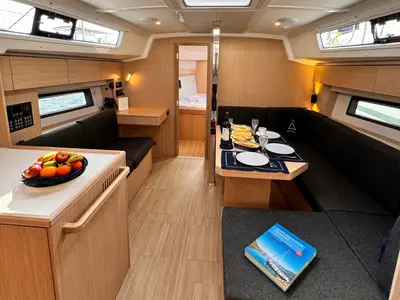 Salon of Sorores, a Bavaria C42 sailboat at Marmaris, Turkey